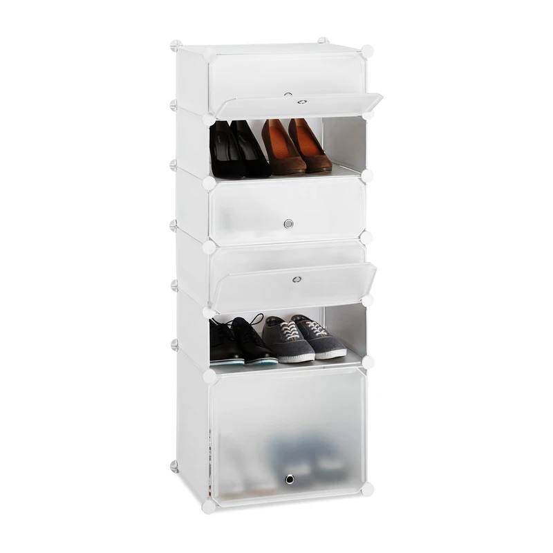 Relaxdays Plastic Shoe Cabinet, Modular Shelving System with 6 Compartments and Doors, DIY, HWD 52 x 37 x 9 cm, White - Image 1