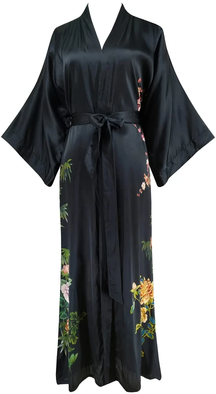 Ledamon Women's 100% Silk Kimono Long Robe - Classic Colors and Prints (Silk, Black-2)