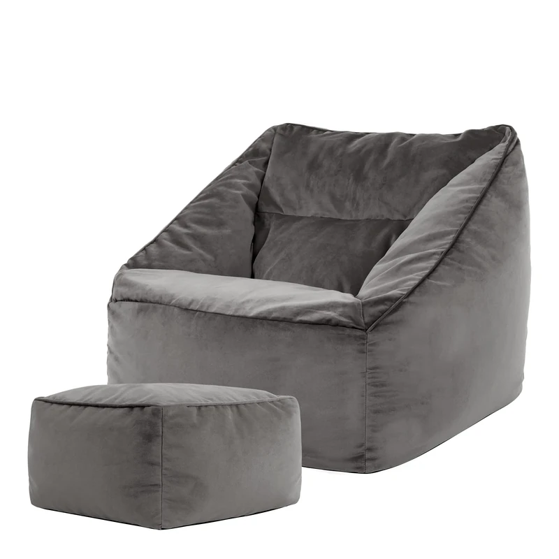 icon Natalia Velvet Bean Bag Chair with Footstool, Charcoal Grey, Large Adult Bean Bag with Filling Included, Accent Chair, Armchair, Living Room Furniture, Bedroom Furniture