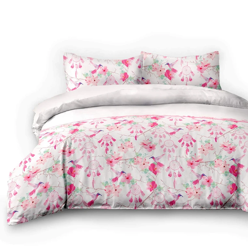 AmeliaHome 06891 4-Piece 2x Flannelette Bed Linen 155 x 220 cm with 2 Pillowcases 80 x 80 cm 100% Cotton Floral Pattern Duvet Cover Zip Snuggy Collection Sweet Dreams Bird White Pink