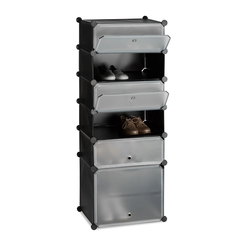 Relaxdays Plastic Shoe Cabinet, Modular Shelving System with 6 Compartments and Doors, DIY, HWD 52 x 37 x 9 cm, Black