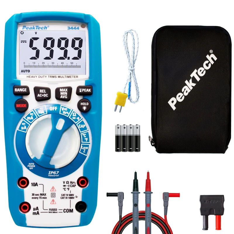 PeakTech 3444 - Digital Multimeter with TrueRMS and LED Lighting, Dust- and Waterproof (IP67), 6.000 counts, Extremely Robust Case, Pocket Multimeter, Voltmeter, Continuity Tester - CAT III 1000V