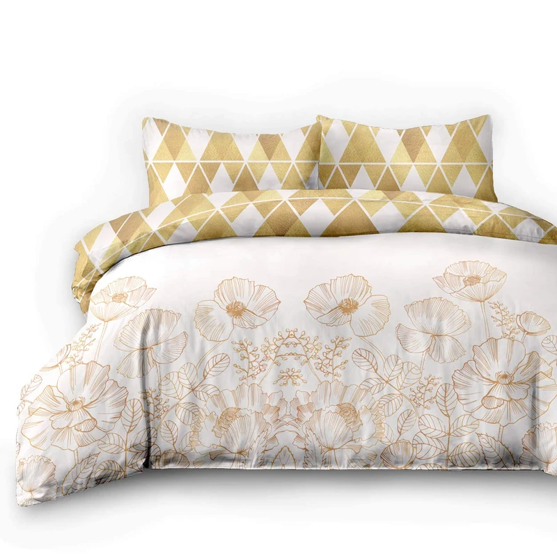 AmeliaHome Snuggy Collection 06709 4-Piece Flannelette Bed Linen 155 x 220 cm with 2 Pillowcases 80 x 80 cm 100% Cotton Floral Geometric Pattern Duvet Cover Zip Snuggy Collection Golden Poppy Beige - Image 1