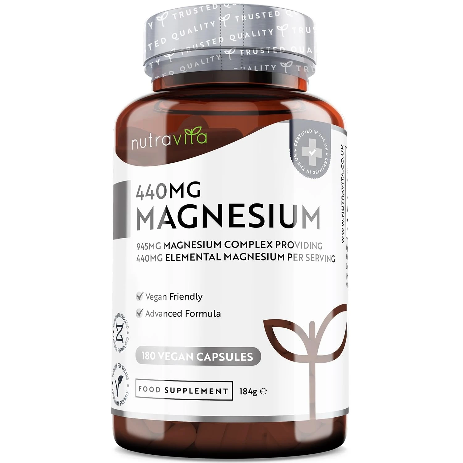 945mg Magnesium Complex – 180 Vegan Citrate Capsules – High Absorption, Premium Magnesium Supplements – 90 Days Supply – Made in The UK by Nutravita