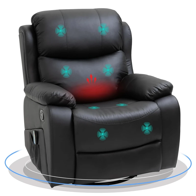 HOMCOM PU Leather Massage Recliner Chair with 8 Points and Heat, Manual Reclining Chair with Swivel Base, Footrest and Remote, Rocking Armchair, Black