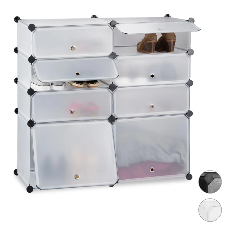 Relaxdays Plastic Cabinet, 8 Compartment Shoe Rack, Modular Shelf, H x W x D: 91 x 94.5 x 36.5 cm, Transparent