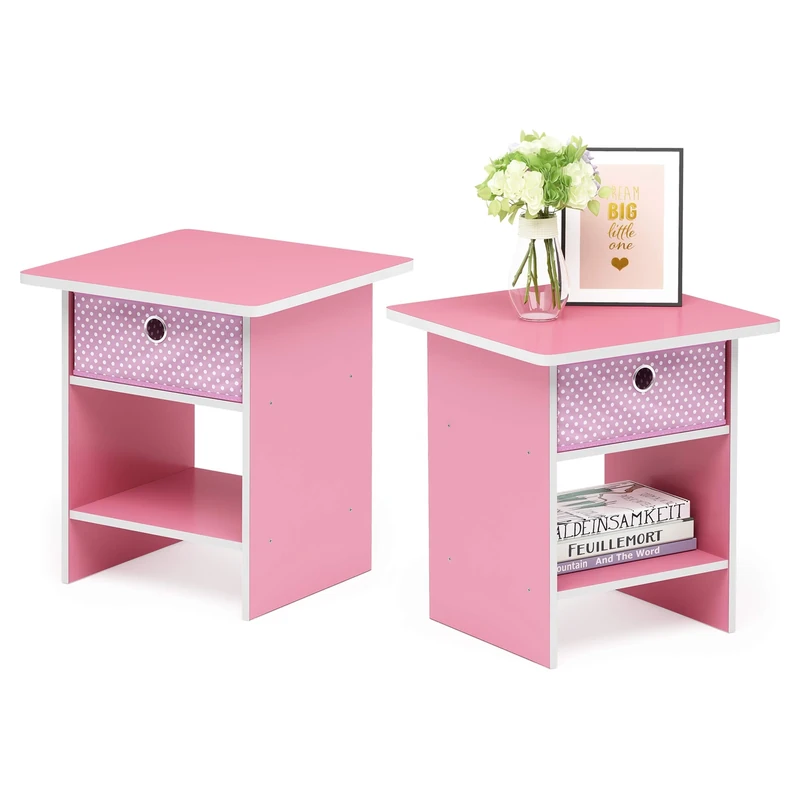 Furinno DARIO Side Table Set of 2, End Table with Storage Bin, Round Corner Night Stand, Bedside Table with Open Back Shelf, for Living Room, Bedroom, Pink