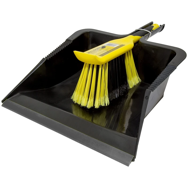 CHARLES BENTLEY BULLDOZER Heavy Duty Dustpan And Brush Set With Stiff, Soft PVC Bristles, Serrated Edges, Front Scraper, Rubber Lip, Suitable For Garden And Indoor Use, Black And Yellow (44x28.5cm)