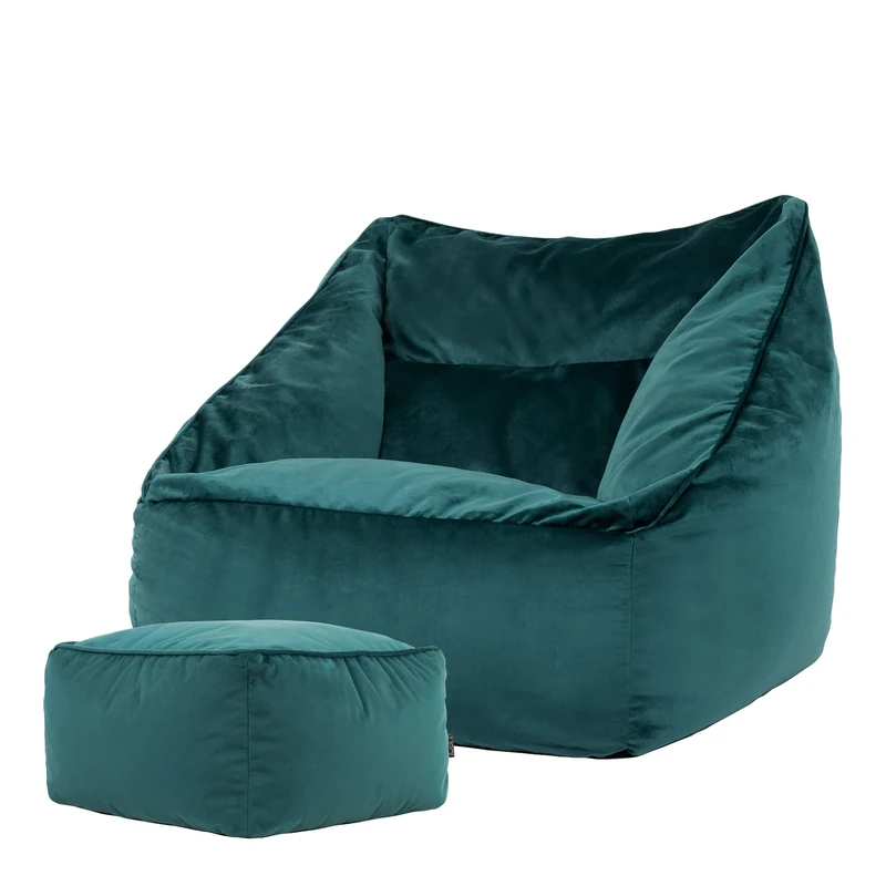 icon Natalia Velvet Bean Bag Chair with Footstool, Teal Green, Large Adult Bean Bag with Filling Included, Accent Chair, Armchair, Living Room Furniture, Bedroom Furniture