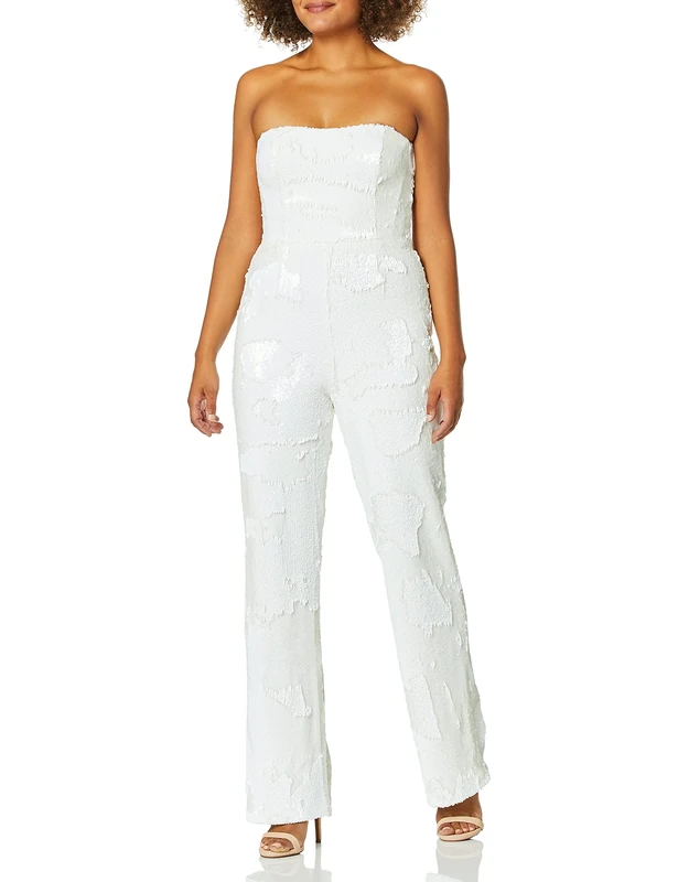 Dress The Population Women's Andy Strapless Sequin Wide Leg Jumpsuit, Lily/White, L