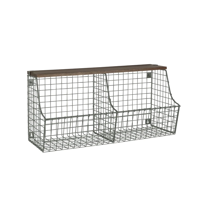 Spectrum Diversified Vintage Double Bin with Wood Storage Wall-Mounted Wire Basket & Wood Shelf, Farmhouse Style Entryway Storage & Organization, Industrial Gray