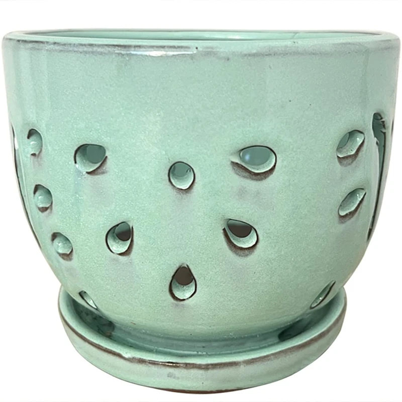 Better-way Orchid Pots with Holes Round Ceramic Flower Container Succulent Plant Planter Butterfly Pot Saucer Windowsill Contemporary Home Decoration (6 Inch, Light Green) - Image 1