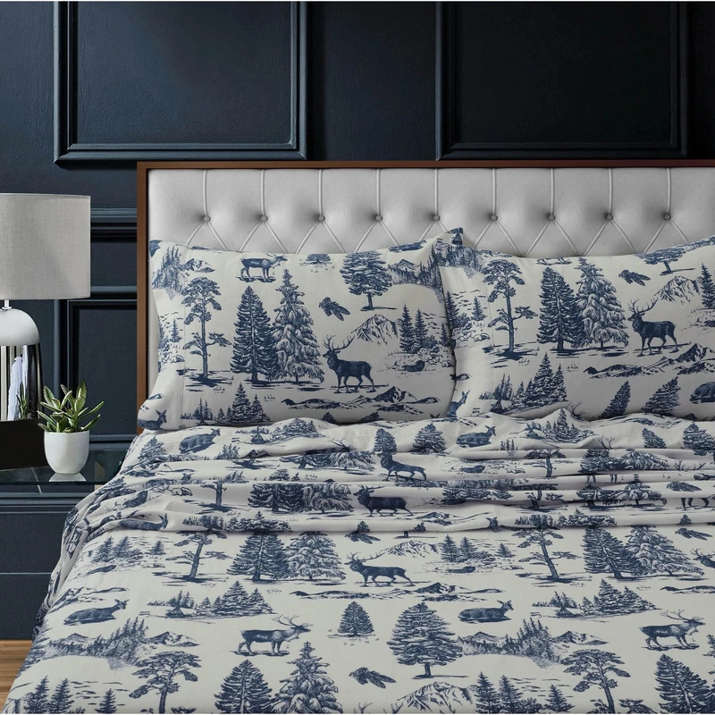 Tribeca Living 100% Cotton Flannel Sheet Set - 200 GSM, Deep Pocket, Ultra Soft & Cozy, King, Deer Toile Navy