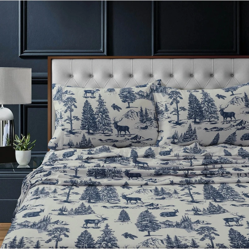 Tribeca Living MTOILSHEETQUNB Deep Pocket Bedding Sheet Set, Queen, Deer Toile Navy