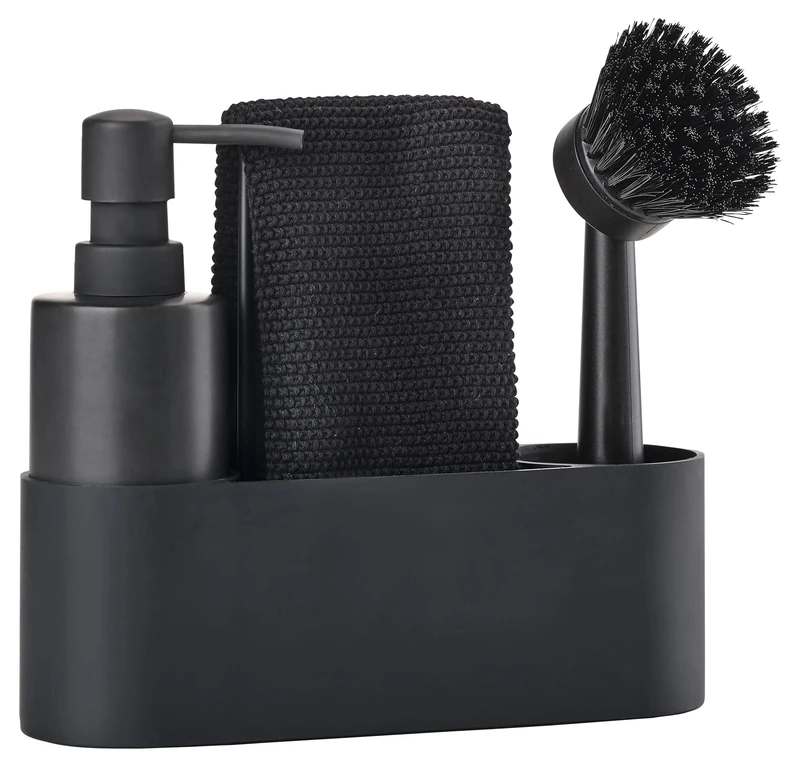 Zone Denmark Singles Dishwashing Set, Includes Soap Dispenser, Brush, Cloth and Holder, Compact All in One Sink Organiser, Silicone and Ceramic Material, 19 x 6 x 20 cm, Black, 4 Pieces