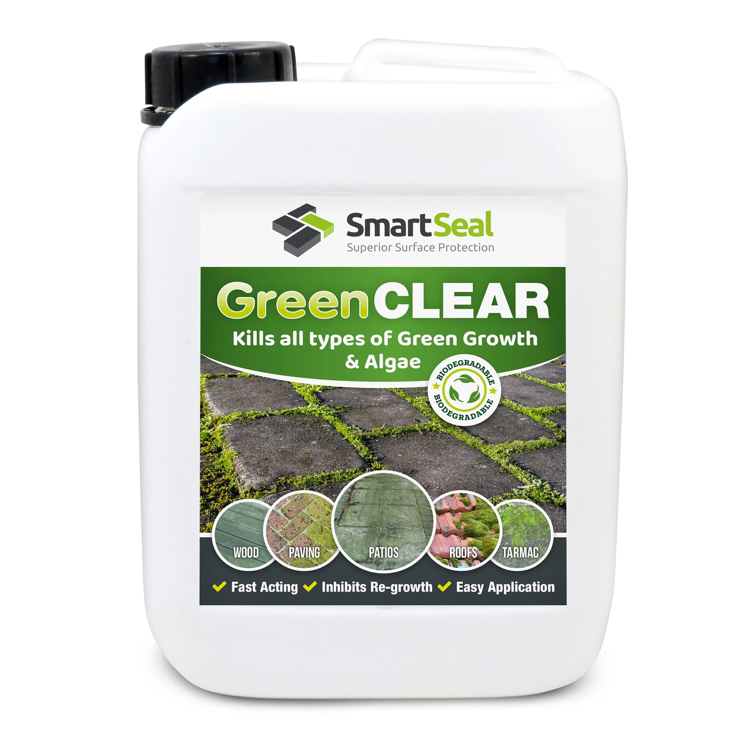 SmartSeal Green Clear Concentrate (5L) - Fast-Acting Mould, Lichen & Algae Remover – Easy to Apply Spray and Leave Patio Cleaner & Outdoor Cleaner for Roofs, Driveways & Paths – Kills Organic Growth