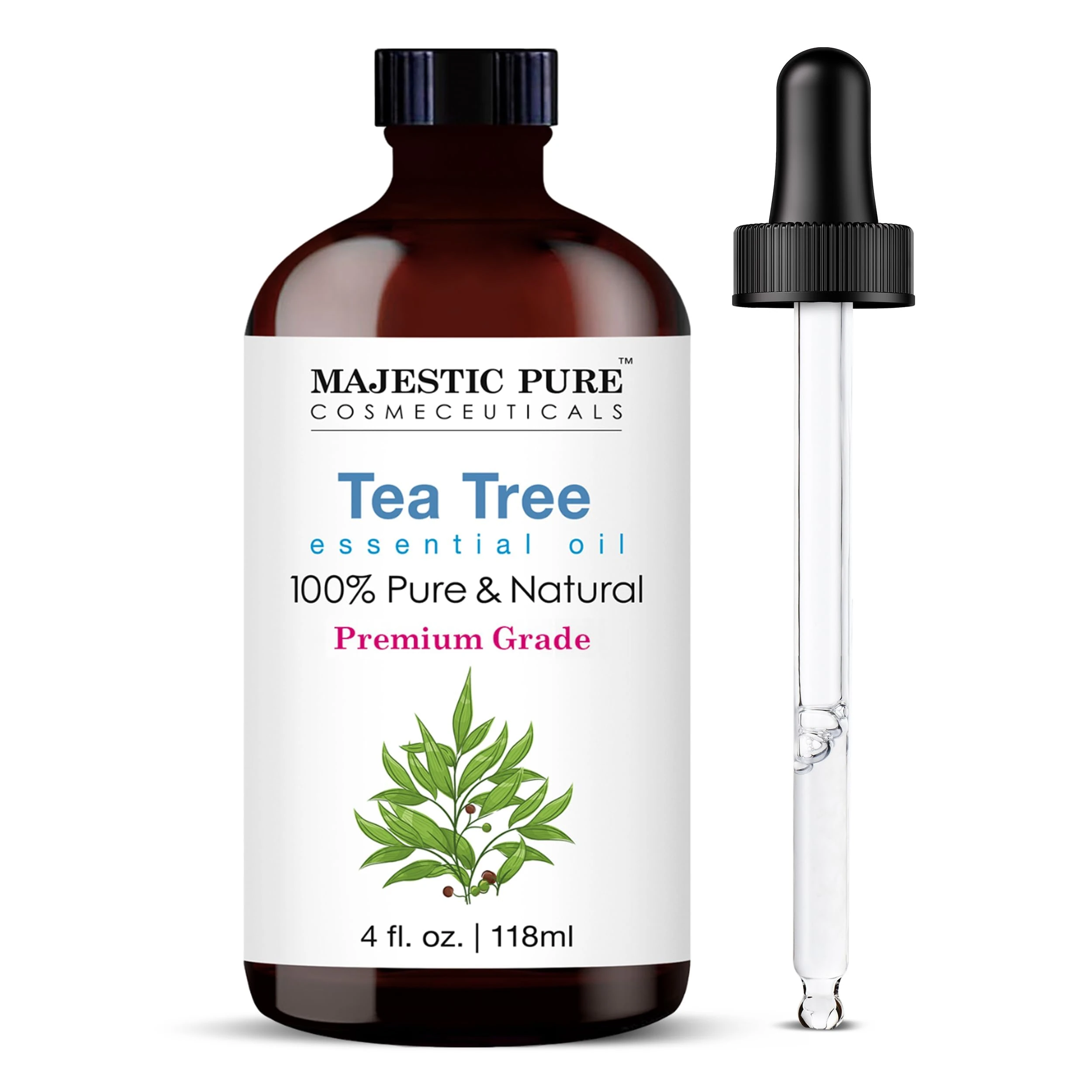 MAJESTIC PURE Tea Tree Essential Oil with Glass Dropper | 100% Pure and Natural Tea Tree Oil | Premium Grade Essential Oils for Diffusers, Skin, Aromatherapy, Massage | 118 ml