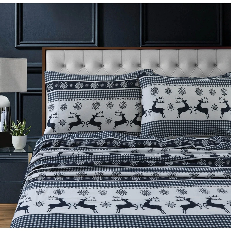 Tribeca Living 100% Cotton Flannel Sheet Set - 200 GSM, Deep Pocket, Ultra Soft & Cozy, King, Gingham Deer