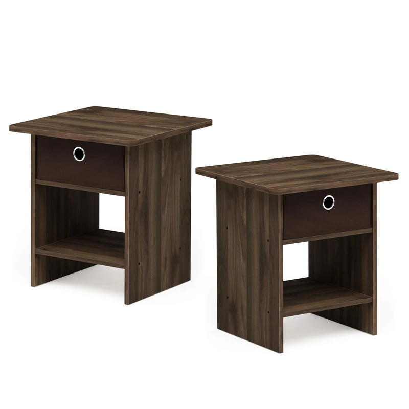 Furinno Dario End Table/ Night Stand Storage Shelf with Bin Drawer, Columbia Walnut/Dark Brown, Set of 2