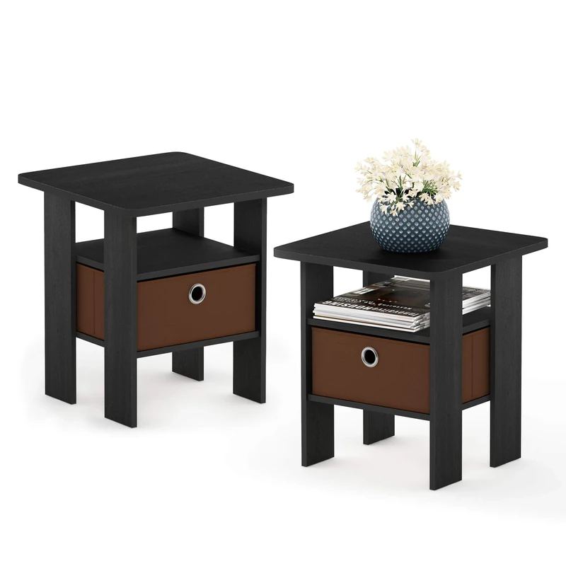 Furinno ANDREY Side Table, Set of 2 End Table, Night Stand with Open Shelves and Storage Bin, Bedside Table, for Living Room, Bedroom, Americano