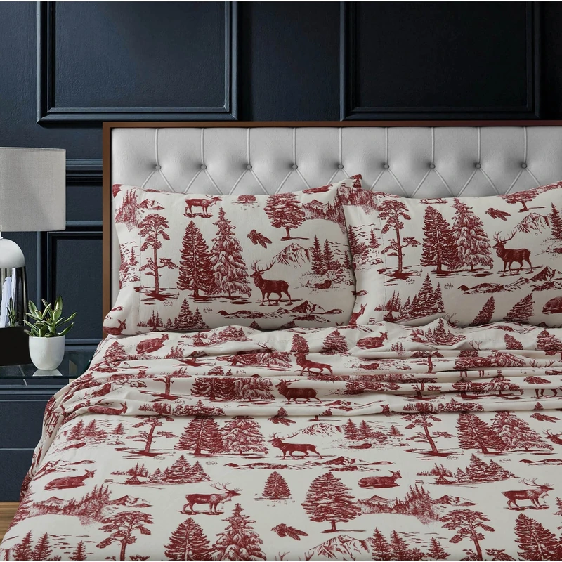 Tribeca Living Flannel Sheets Full Size - 100% Cotton Flannel Sheet Set, 200 GSM Deep Pocket Full Flannel Sheets, 4 Piece Ultra Soft Brushed Cotton Flannel Sheet in Deer Toile Deep Red Print