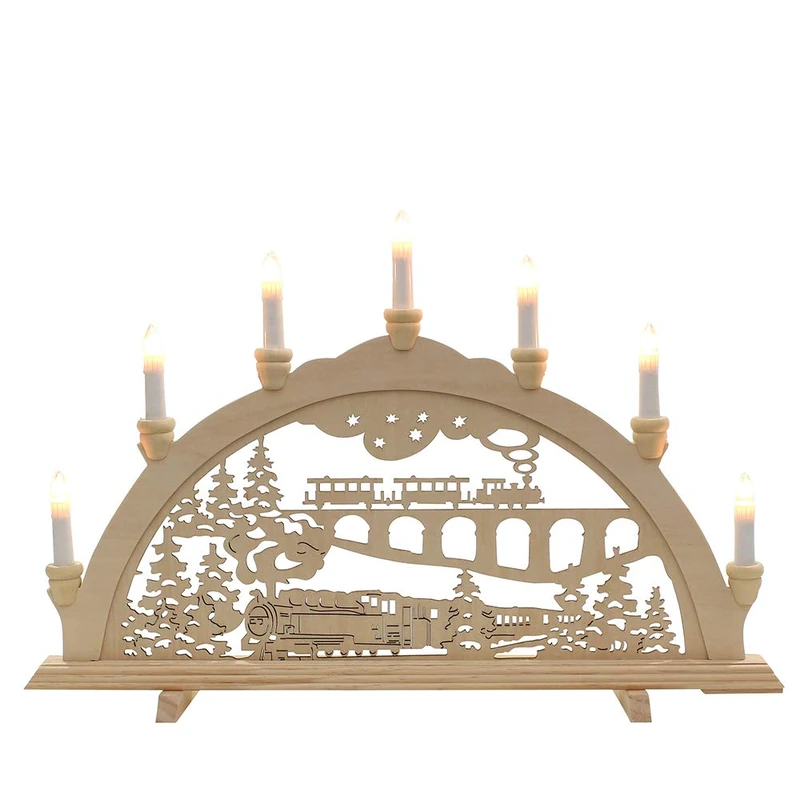 Dekohelden24 7-Bulb Wooden Candle Arch with Railway Motif 58 x 4 x 38 cm, 37 cm