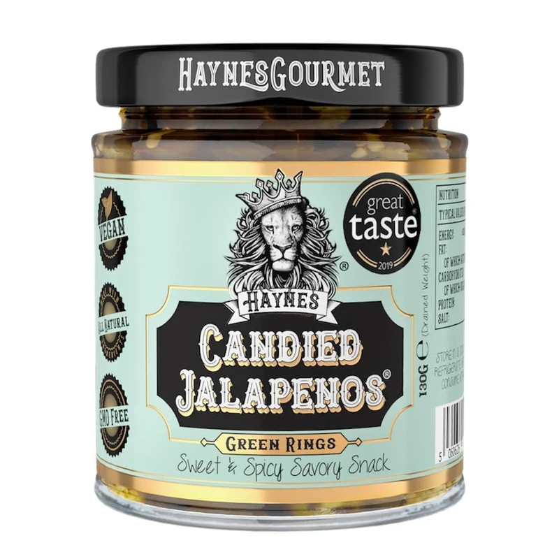Haynes Gourmet Candied Jalapenos® Sweet and Spicy Jalapeno Chillies and Hot Sauce (Single Jar, Green Rings)