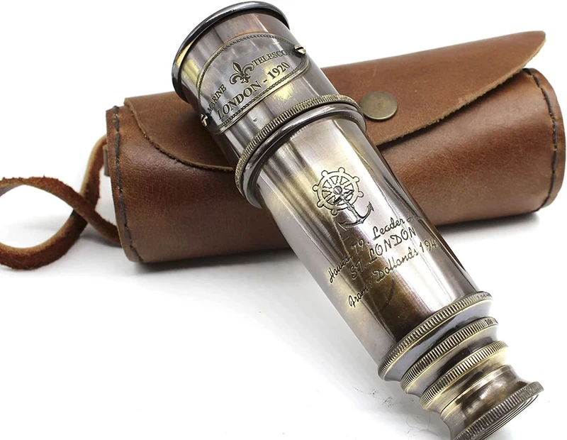 1920 Brass Maritime Vintage Telescope – Handheld Pirate Spyglass with Authentic Pure Leather Case – Nautical Monocular for Collectors, Hiking, Gift Décor – 15” Expandable - Image 1