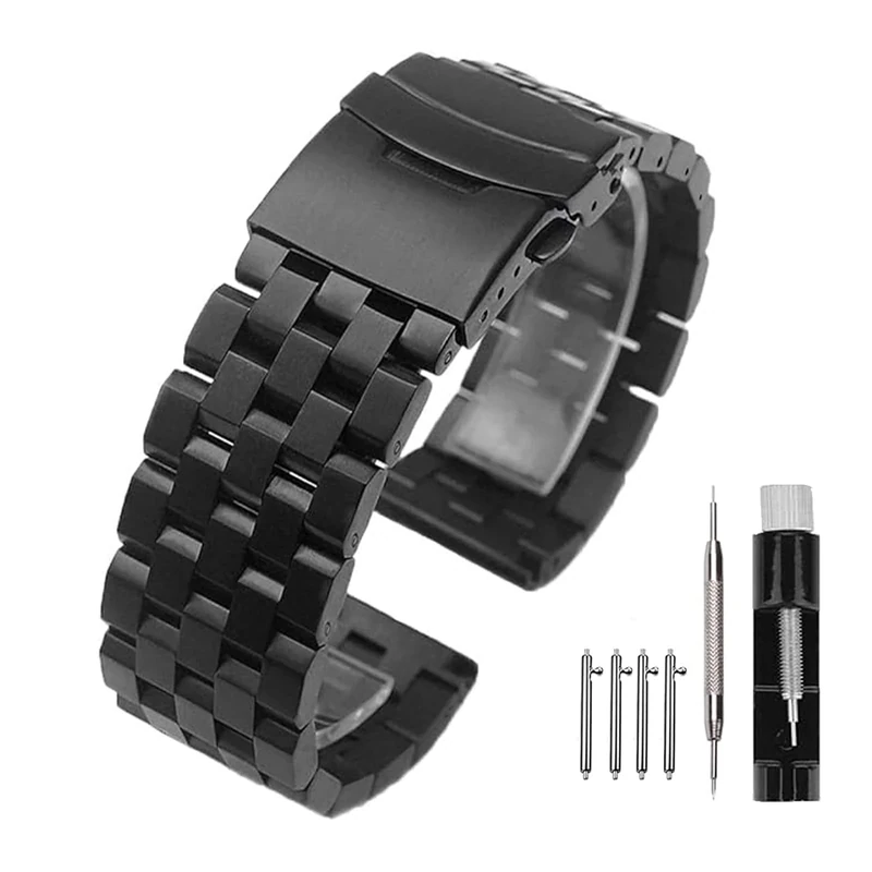 Kai Tian 5 Rows Link Black Stainless Steel Watch Band Replacement Metal Watch Strap for Women Men 18mm Watch Bands Double-Lock Deployment Clasp
