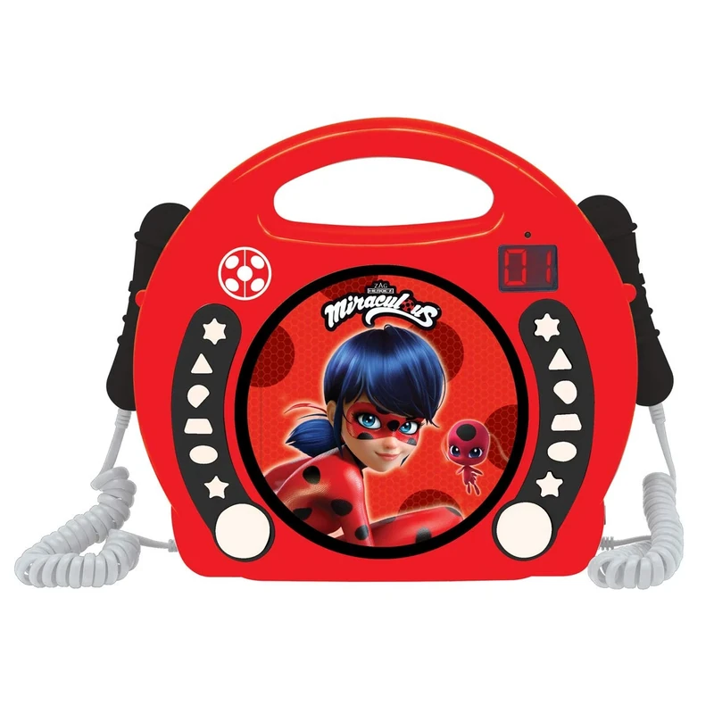 Lexibook, Miraculous Ladybug Cat Noir, Portable CD player with Microphones, Music Player, Repeat and Programming, Karaoke, Headphones jack, Red, RCDK100MI