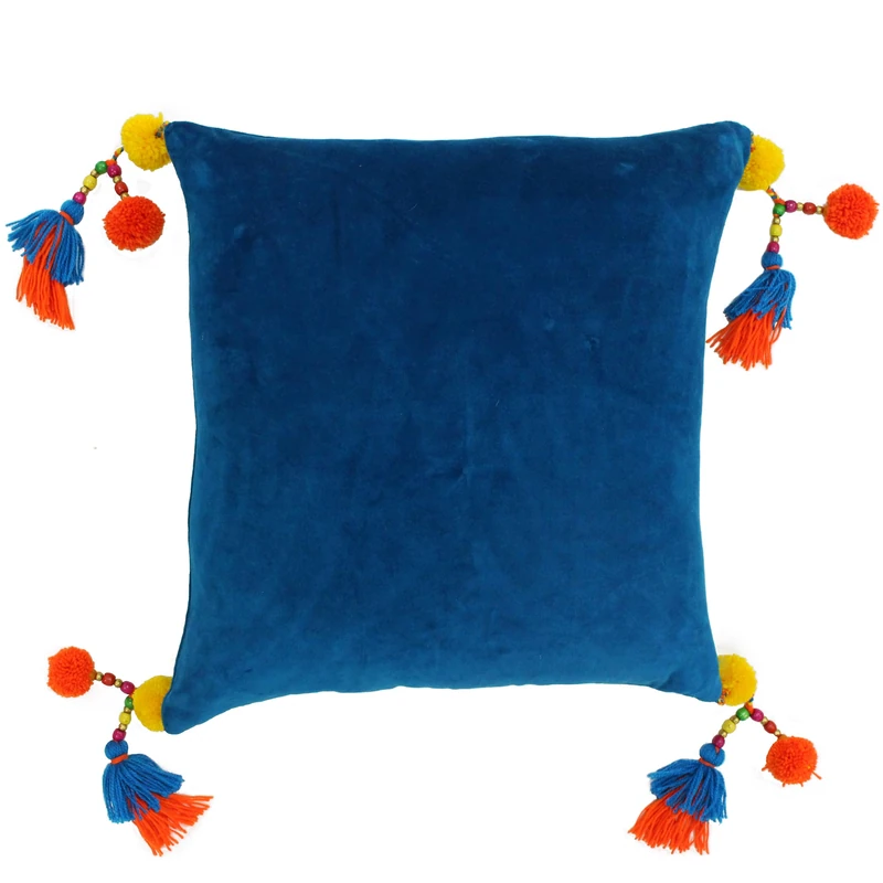 Riva Paoletti Poco Feather Filled Cushion Blue-Faux Velvet Fabric-Tassel Pompom Corners-Hidden Zip Closure-Machine Washable-100 (22" x 22" inches), Cotton, Teal, 55 x 55cm
