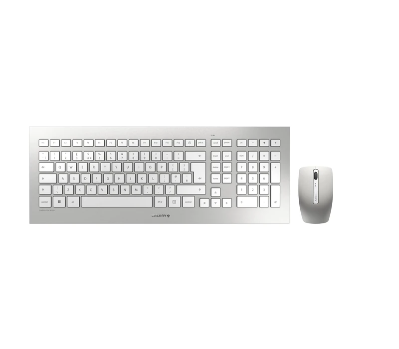 CHERRY DW 8000, Wireless Desktop Set, EU Layout (QWERTY), Battery-Operated, Ultra-Flat Keyboard, 3 Key Mouse with Infra-Red Sensor, Silver/White - Image 1