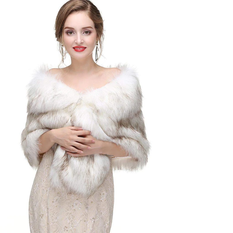 CanB Women's 1920s Faux Fur Shawl Bridal Wedding Fur Wraps and Bolero Shrug Faux Mink Stole for Women and Girls - White -