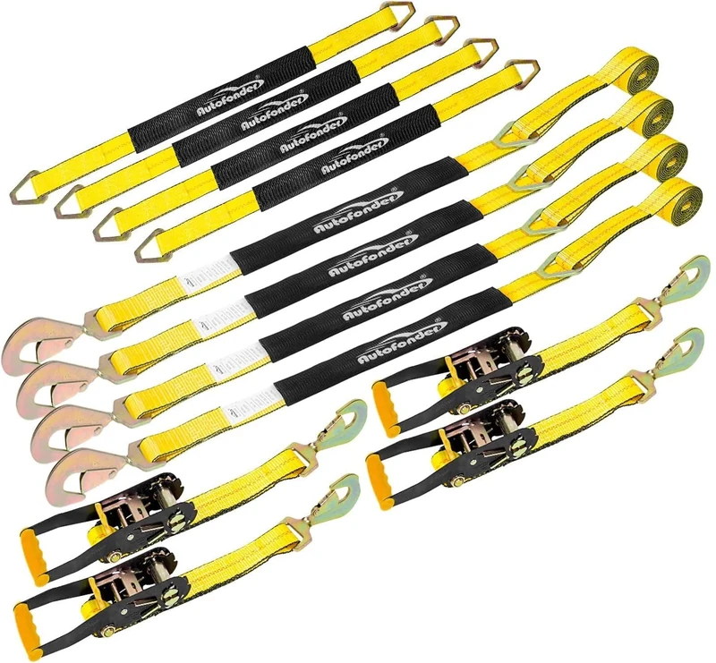 Autofonder Heavy Duty Adjustable Car Tie Down Kit with Snap Hooks -Break Strength 10,000 lbs-Working Load 3333 lbs-Bonus Includes 4 Pack 36" Axle Straps with D-Ring(Yellow)