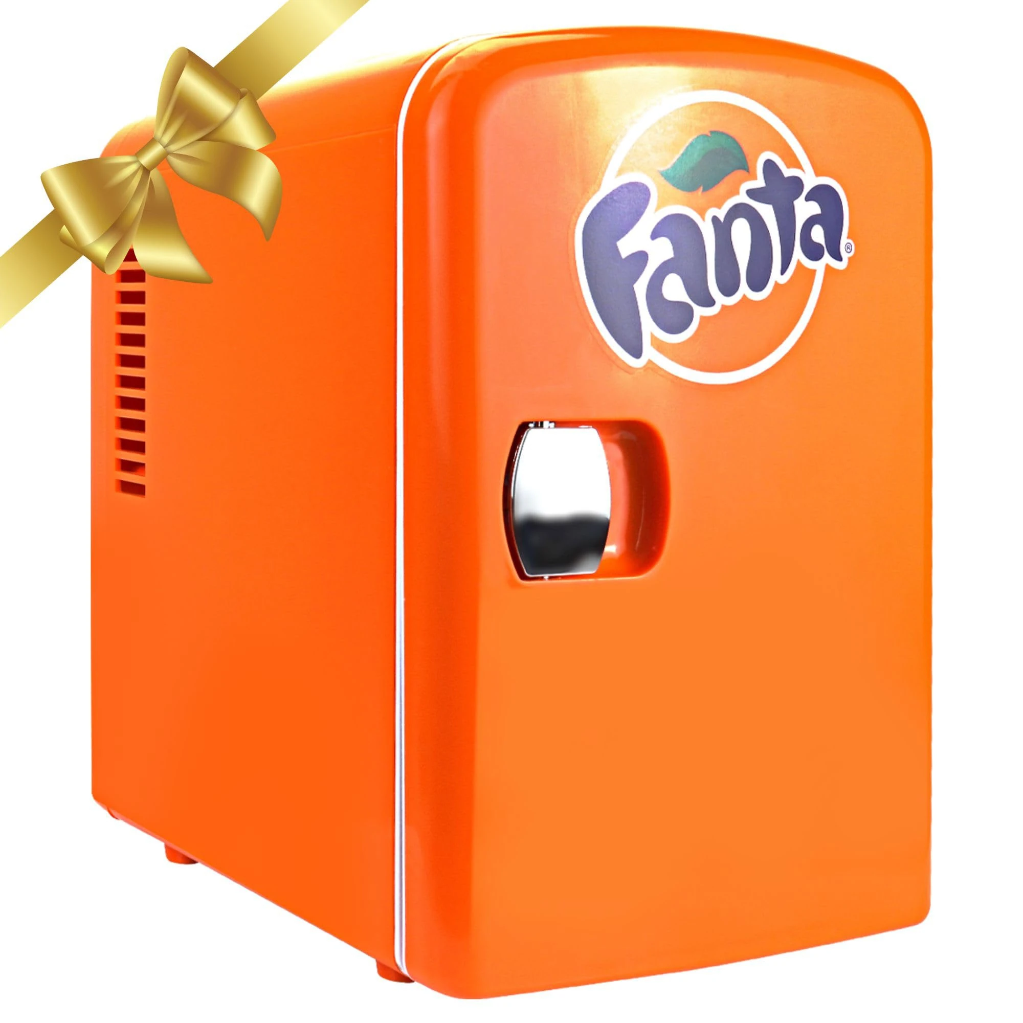 Coca-Cola Fanta 4L Mini Fridge, 6 Can Portable Cooler/Warmer, Compact Personal Travel Fridge for Snacks Lunch Drinks Cosmetics, 12V and AC Cords, Desk Accessory for Home Office Dorm Travel, Orange