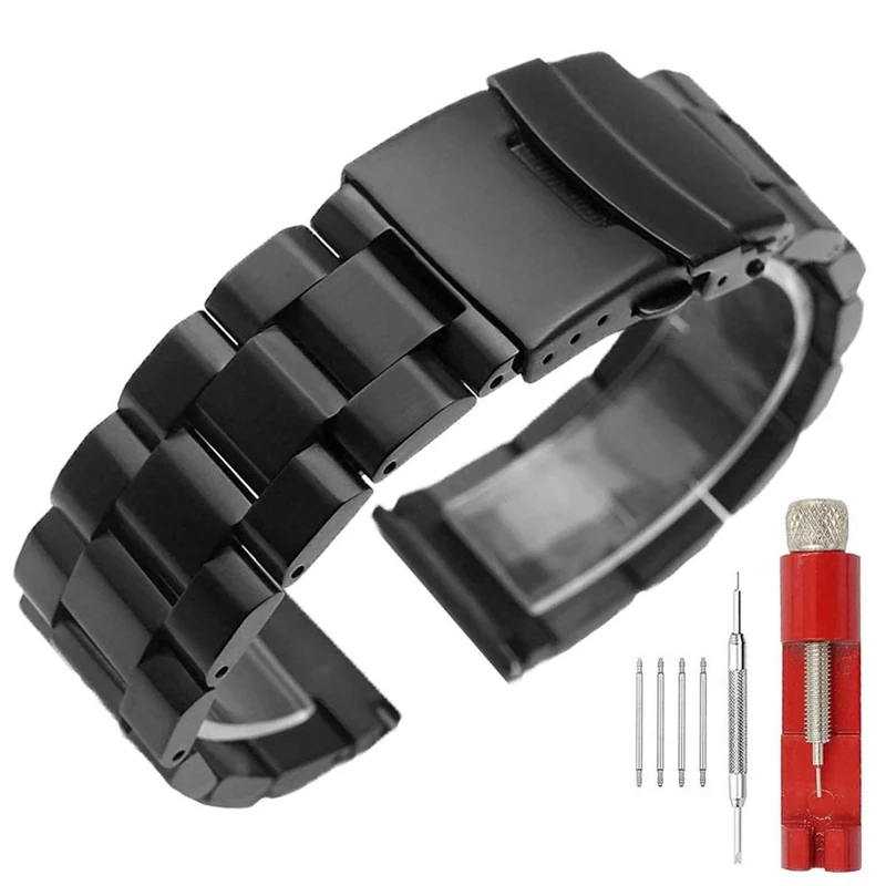 18mm Metal Watch Band Strap Black Stainless Steel with Fold-Over Clasp Push Button Buckle Ladies Watch Bracelet Watch Bands for Women