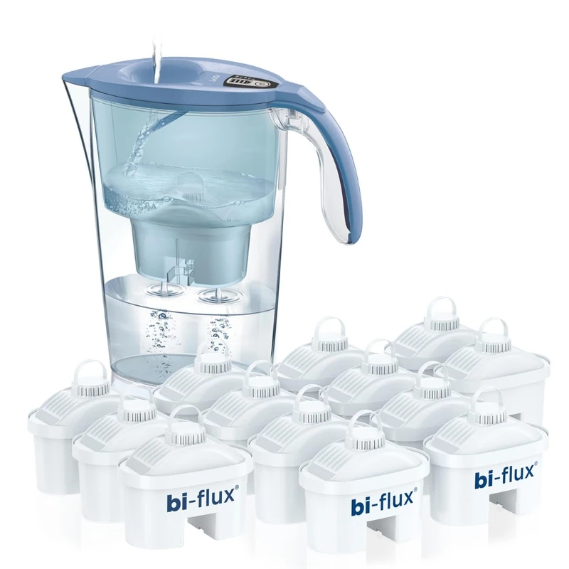 LAICA Stream Line Water Filter Jug & 13 bi-flux Water Filter Cartridges Blue 2.3L - Digital Timer, Easy Fill Design, BPA Free, Dishwasher Safe - Preserves Minerals, Removes Impurities - Made in Italy