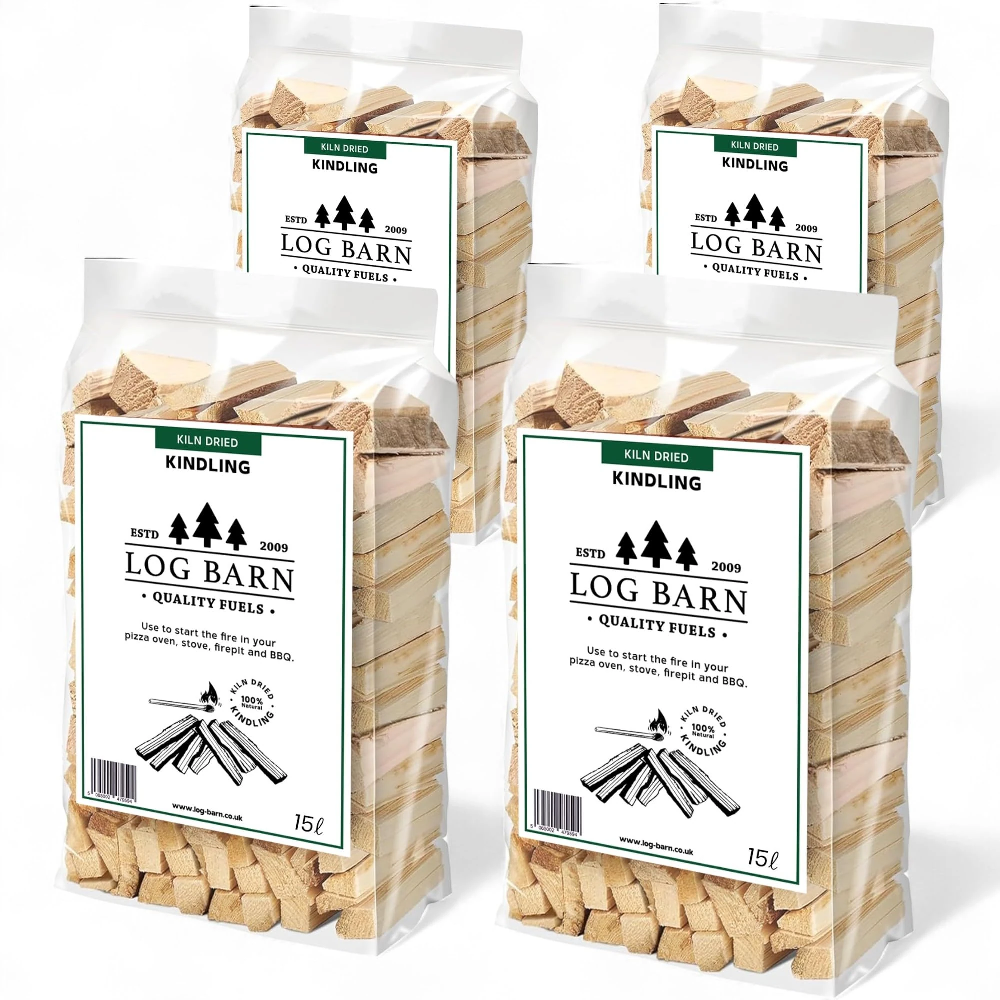 Log Barn Kiln-Dried Kindling Wood for Wood Burner – approx. 10kg (4 x 15l Bags) | Bumper Pack Kindling Sticks for Log Burners, Fire Pits, Pizza Ovens & Open Fires - Ideal for Home & Commercial Use