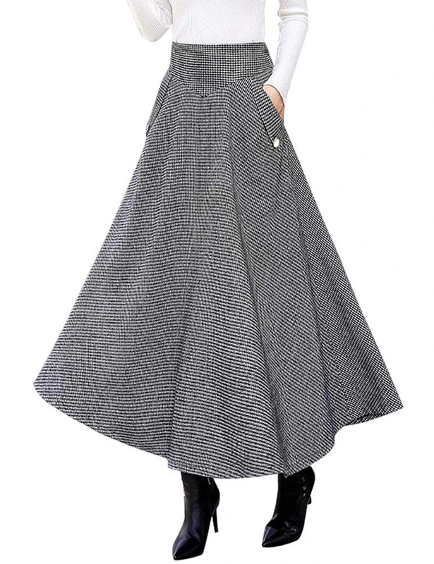 IDEALSANXUN Women’s Fall/Winter High Waist Plaid Slim A-line Long Skirt, Black&White, M