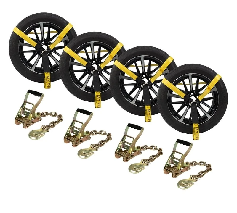 Mytee Products (4 Pack) 2" x 12' Car Tie Down Lasso Ratchet Strap with Chain Anchor - Tire Straps for Car Trailer - Wheel Straps for Hauling Cars