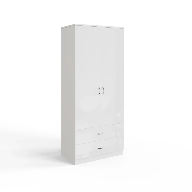 FWStyle 2 Door 2 Drawer Combination White Wardrobe High Gloss Modern Bedroom Furniture & Storage