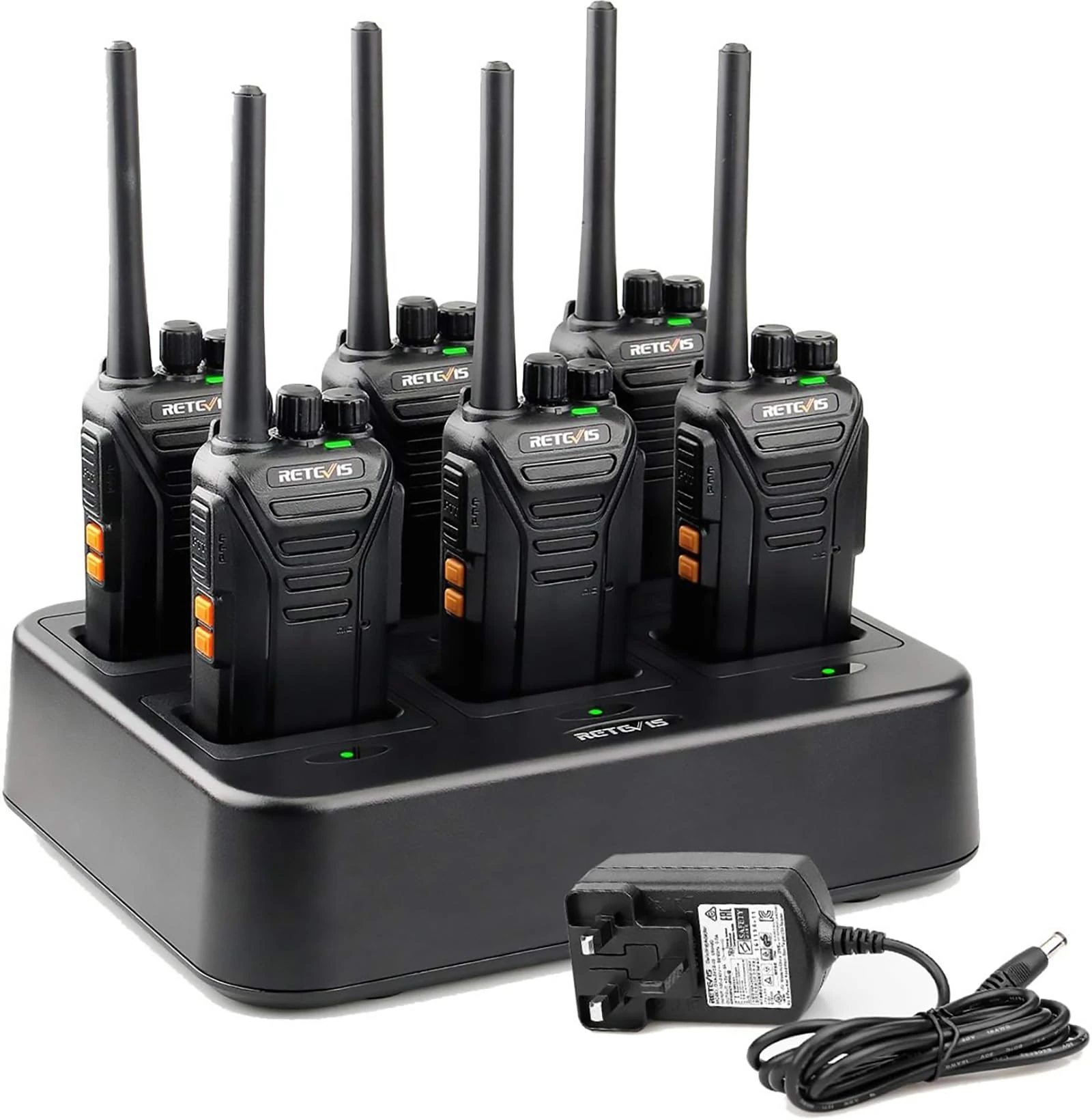 Retevis RT27 Walkie Talkies, Walkie Talkies for Adults Long Range, with 6 Way Charger, Rechargeable 2 Way Radio Hand Free, PMR446 License Free Radio Communication for School Security (6 Pack, Black)