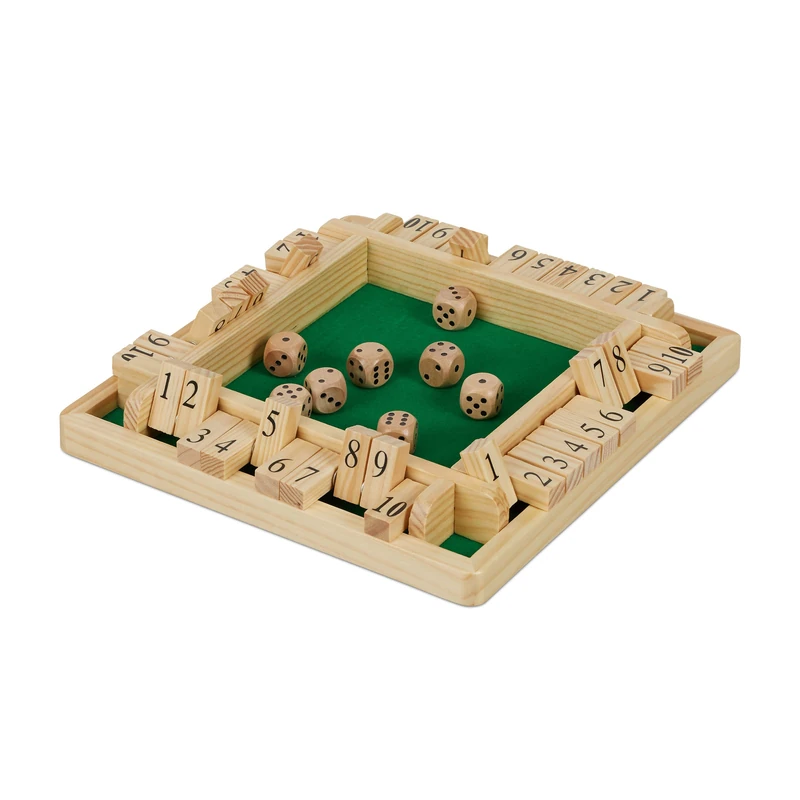 Relaxdays Shut The Box, 10pcs, Travel Game for 2-4 Players, Wooden Board Game with 8 Dices, Natural/Green
