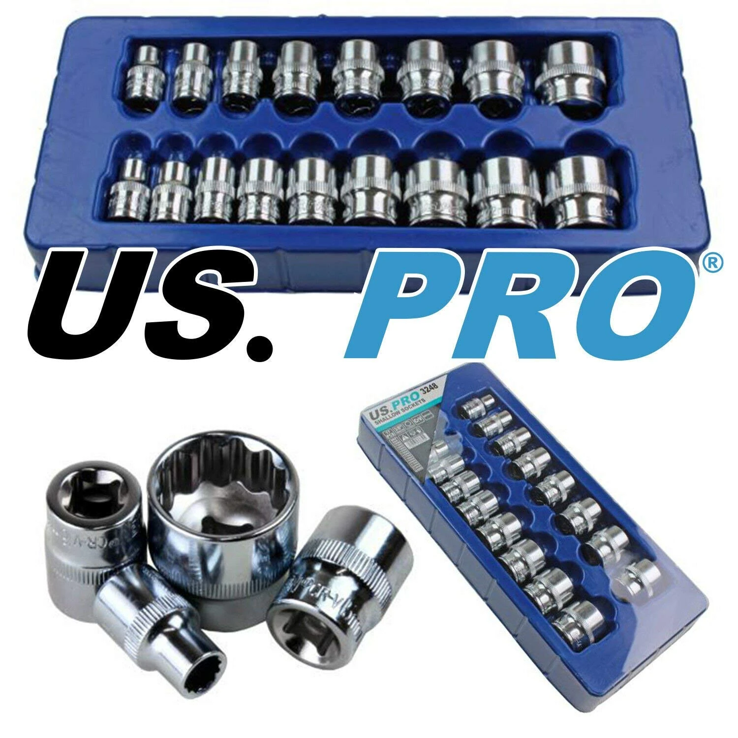 US PRO 17pc 3/8 Dr Shallow Sockets 12 Point 8-24mm 3248