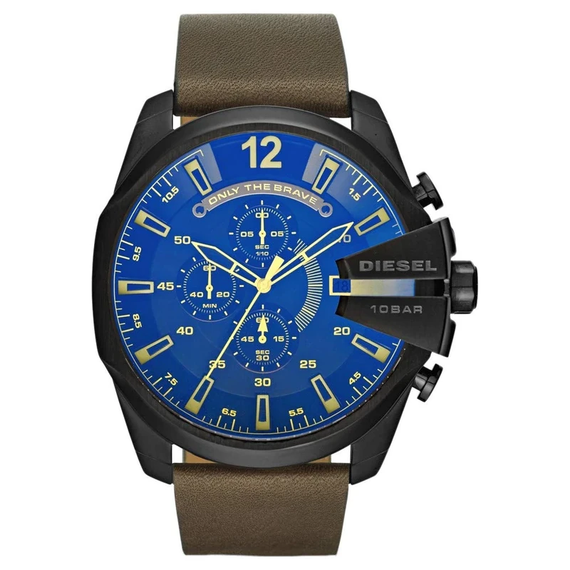 Diesel Watch for Men Mega Chief, Quartz Chronograph Movement, 51 mm Black Stainless Steel Case with a Leather Strap, DZ4401