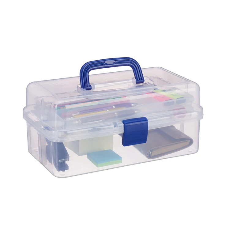 Relaxdays Transparent Plastic Storage Box, 9 Compartments for Small Tools, Press Lock, HWD 14x33x19 cm, Blue