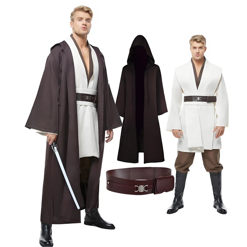 Adult Outfit for Jedi Costume Halloween Robe Tunic Hooded Uniform White