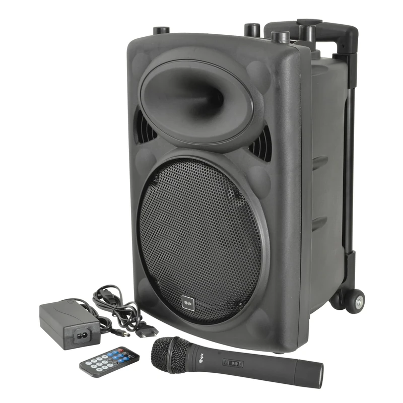 QTX , QR10BT PA: Powerful Portable PA with Bluetooth Connectivity, One Wireless Mic, Internal Rechargeable Battery, Trolley Handle and Wheels