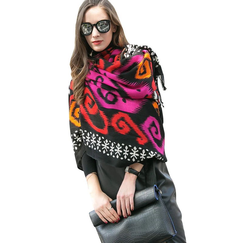 DANA XU 100% Pure Merino Wool Extra Large Pashmina Cashmere Scarf Shawl And Wrap For Women Winter Oversized Floral Blanket, 13 Red&black, 96 * 42 INCH