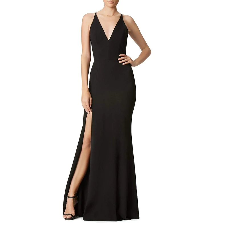 Dress the Population Women's Iris Plunging Spaghetti Strap Sleeveless Long Gown Dress, Black, X-Large